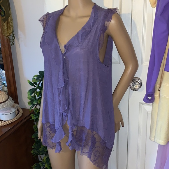 PANITTI Dusty purple Lacey sleeveless wrap BOHO vest top jacket tunic M - Picture 3 of 8